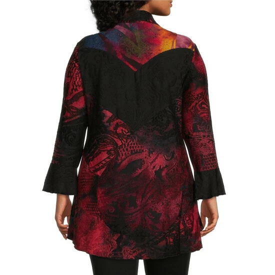 Wholesale π Calessa Plus Size Burnout Tie Dye Patchwork Knit Point Collar Bracelet Bell Cuff Sleeve Button Front Tunic Black Multi π - Image 2