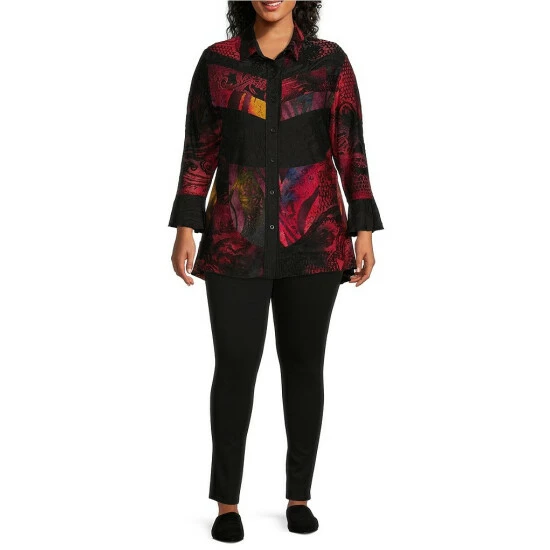 Wholesale π Calessa Plus Size Burnout Tie Dye Patchwork Knit Point Collar Bracelet Bell Cuff Sleeve Button Front Tunic Black Multi π - Image 3