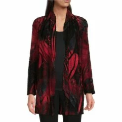 Flash Sale 🥰 Calessa Burnout Tie Dye Print Long Sleeve Draped Open Front Cardigan Red Multi 👍