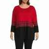 Budget 🔔 Calessa Plus Size Color Blocked Knit Jewel Neck 3/4 Ruffled Sleeve Tiered Tunic Red Multi 🧨