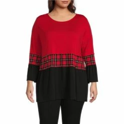 Budget 🔔 Calessa Plus Size Color Blocked Knit Jewel Neck 3/4 Ruffled Sleeve Tiered Tunic Red Multi 🧨