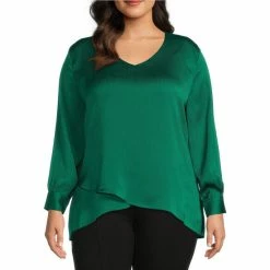 Buy 🎉 Calessa Plus Size Satin V-Neck Long Sleeve Crossover Hem Blouse Emerald 🎁