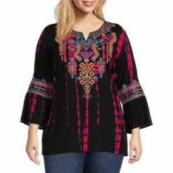 Discount ❤️ Calessa Plus Size Embroidered Tie Dye Print Woven Jewel Split Neck 3/4 Flare Sleeve Tunic Fuchsia/multi ✨