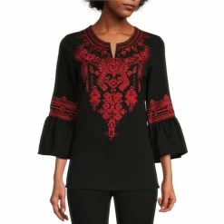 Brand new 😍 Calessa Embroidered Crinkle Woven Split-Round Neck 3/4 Bell Sleeve Tunic Black/red 🤩