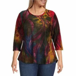Buy ✔️ Calessa Plus Size Jacquard Abstract Paisley Burnout Tie Dye Print Jewel Neck 3/4 Sleeve 👚 Shirttail Hem Top Crimson Multi 🎉