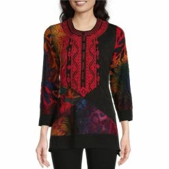 Best Sale 🥰 Calessa Patchwork Print Embroidered Bib Jewel Neck Long Sleeve Tunic Black Multi 🤩