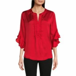 Discount 👍 Calessa Textured Satin Split-Round Neck 3/4 Ruffle Sleeve Blouse ✨