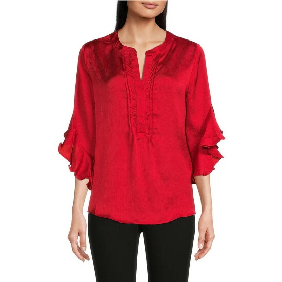 Discount 👍 Calessa Textured Satin Split-Round Neck 3/4 Ruffle Sleeve Blouse ✨