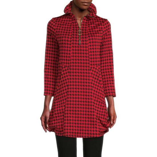 Best reviews of 🎁 Calessa Houndstooth Print Wire Collar 3/4 Sleeve Zipper Front Detail Tunic Black/red 🥰