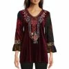 Best Pirce 💯 Calessa Petite Size Knit Velvet Burnout Embroidered Tie Dye Print V-Neck 3/4 Bell Cuff Sleeve Tunic Crimson/multi 👍