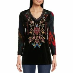 Top 10 🛒 Calessa Petite Size Velvet Embroidered V-Neck Tie Dye Burnout Knit Bracelet Sleeve Tunic Black Multi 👏