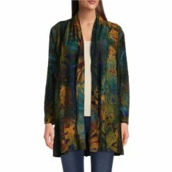 Budget 💯 Calessa Abstract Tie Dye Print Open Front Long Sleeve Knit Cardigan Blue Multi 🎁