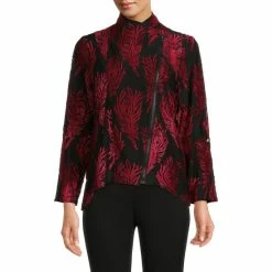 Flash Sale ⌛ Calessa Knit Burnout Tie Dye Print Stand Collar Long Sleeve Zip Front Top Black/red 💯