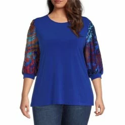 Cheapest 🎉 Calessa Plus Size Jewel Neck Knit 3/4 Burnout Sleeve Top Cobalt Multi 😀
