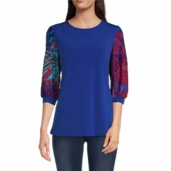 Brand new 🤩 Calessa Jewel Neck Knit 3/4 Burnout Sleeve Patchwork Print Top Cobalt Multi 🔔