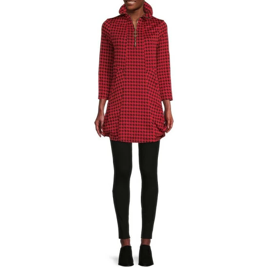 Best reviews of 🎁 Calessa Houndstooth Print Wire Collar 3/4 Sleeve Zipper Front Detail Tunic Black/red 🥰 - Image 3