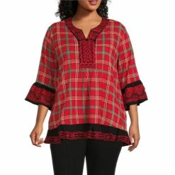 New 👍 Calessa Plus Size Embroidered Trim Plaid Print 3/4 Bell Sleeve Split Round Neck Flare Hem Tunic Red Multi ❤️