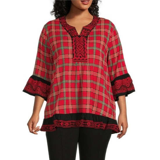 New 👍 Calessa Plus Size Embroidered Trim Plaid Print 3/4 Bell Sleeve Split Round Neck Flare Hem Tunic Red Multi ❤️