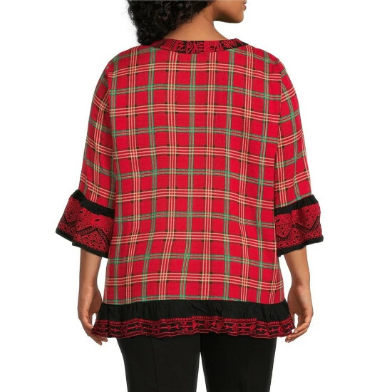 New 👍 Calessa Plus Size Embroidered Trim Plaid Print 3/4 Bell Sleeve Split Round Neck Flare Hem Tunic Red Multi ❤️ - Image 2