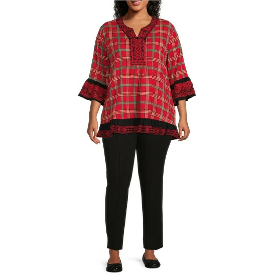 New 👍 Calessa Plus Size Embroidered Trim Plaid Print 3/4 Bell Sleeve Split Round Neck Flare Hem Tunic Red Multi ❤️ - Image 3