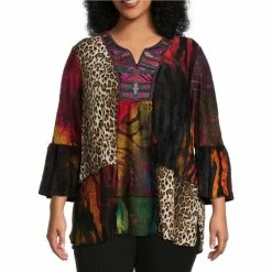 Promo 👏 Calessa Plus Size Knit Burnout Patchwork Print Embroidered Split Jewel Neck 3/4 Sleeve Tunic Crimson/multi ❤️