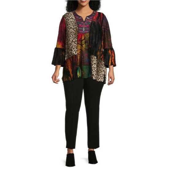 Promo π Calessa Plus Size Knit Burnout Patchwork Print Embroidered Split Jewel Neck 3/4 Sleeve Tunic Crimson/multi β€οΈ - Image 3