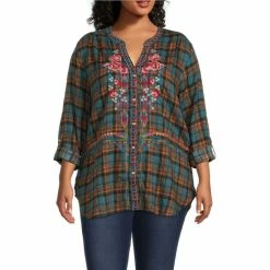 Best Sale 😉 Calessa Plus Size Floral Embroidered Plaid Print Banded Split V-Neck Long Sleeve Button Front Tunic Turquoise/multi ⌛