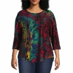 Brand new 🧨 Calessa Plus Size Knit Burnout Tie Dye Print Jewel Neck 3/4 Sleeve 👚 Shirttail Hem Tunic Navy Multi ⌛