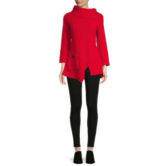 Buy π Calessa Knit Envelope Collar Long Sleeve Asymmetrical Hem Tunic Red π€© - Image 3