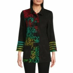 Wholesale ⭐ Calessa Patchwork Burnout Print Wire Collar Long Sleeve Button Front Knit Tunic Black Multi 🛒