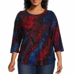 Coupon 🔥 Calessa Plus Size Jacquard Abstract Paisley Print Round Neck 3/4 👚 Shirttail Hem Top Red Multi 👏