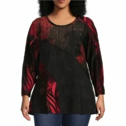 Discount 🔥 Calessa Plus Size Patchwork Burnout Tie Dye Print Jewel Neck Long Sleeve Knit Tunic Red Multi ✨