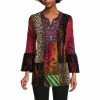 Flash Sale 🔥 Calessa Knit Burnout Embroidered Split Jewel Neck 3/4 Sleeve Tunic Crimson/multi 😀