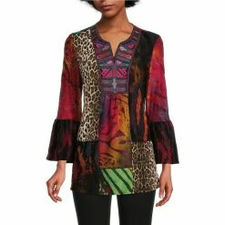 Flash Sale 🔥 Calessa Knit Burnout Embroidered Split Jewel Neck 3/4 Sleeve Tunic Crimson/multi 😀