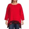 Brand new 🥰 Calessa Plus Size Round Neck Henley Placket 3/4 Sleeve Burnout Layered Hem Tunic Red Multi ⭐