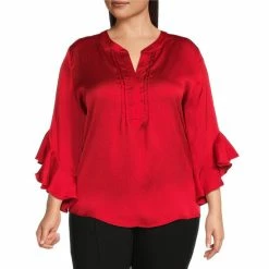 Budget 👏 Calessa Plus Size Textured Satin Round Split Neckline 3/4 Ruffle Sleeve Blouse 😍