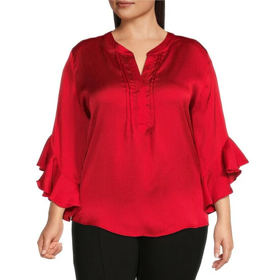 Budget π Calessa Plus Size Textured Satin Round Split Neckline 3/4 Ruffle Sleeve Blouse π