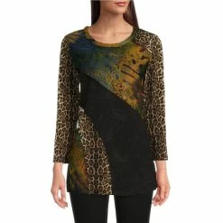 Best Pirce 💯 Calessa Knit Patchwork Print Jewel Neck Bracelet Sleeve Tunic Blue Multi 🛒