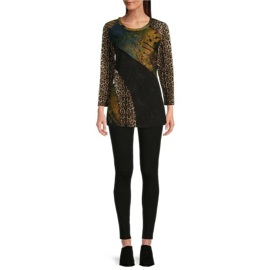 Best Pirce 💯 Calessa Knit Patchwork Print Jewel Neck Bracelet Sleeve Tunic Blue Multi 🛒 - Image 3