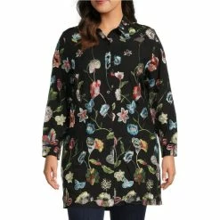 Buy 🧨 Calessa Plus Size Floral Embroidery Point Collar Long Sleeve Button Front Duster Black Multi 🎁