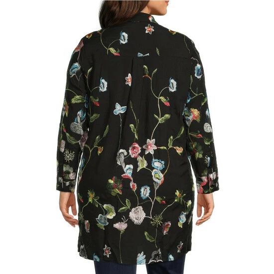 Buy 𧨠Calessa Plus Size Floral Embroidery Point Collar Long Sleeve Button Front Duster Black Multi π - Image 2
