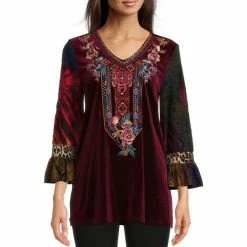 Best Pirce π Calessa Knit Velvet Burnout Embroidered Tie Dye V-Neck 3/4 Sleeve Tunic Crimson/multi π