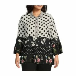 Buy 😍 Calessa Plus Size Patchwork Print Point Collar Bracelet Bell Cuff Sleeve Tiered Ruffle Hem Tunic Black Multi ✨