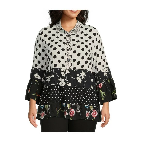 Buy π Calessa Plus Size Patchwork Print Point Collar Bracelet Bell Cuff Sleeve Tiered Ruffle Hem Tunic Black Multi β¨