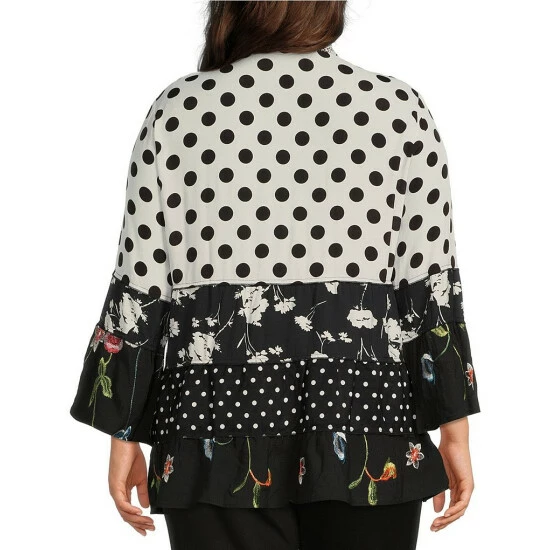 Buy π Calessa Plus Size Patchwork Print Point Collar Bracelet Bell Cuff Sleeve Tiered Ruffle Hem Tunic Black Multi β¨ - Image 2