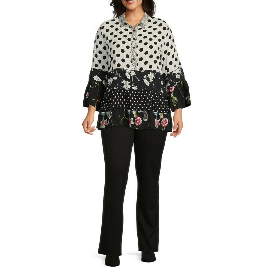 Buy π Calessa Plus Size Patchwork Print Point Collar Bracelet Bell Cuff Sleeve Tiered Ruffle Hem Tunic Black Multi β¨ - Image 3
