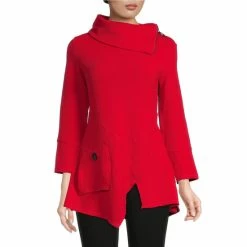 Buy π Calessa Knit Envelope Collar Long Sleeve Asymmetrical Hem Tunic Red π€©