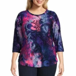 Top 10 ⭐ Calessa Plus Size Jacquard Burnout Abstract Paisley Print Jewel Neck 3/4 Sleeve Blouse Purple/multi 😉