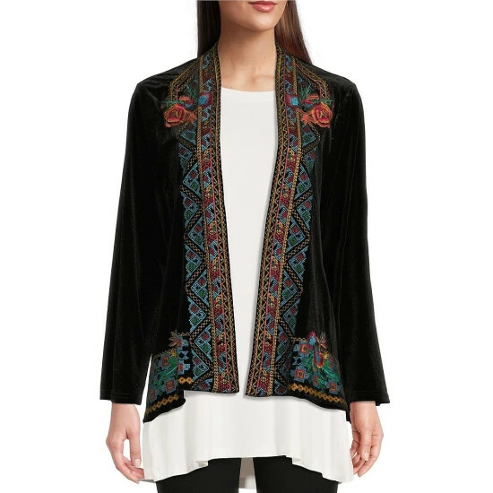 Buy 🔔 Calessa Embroidered Detail Open Front Long Sleeve Kimono Cardigan Black Multi 😉