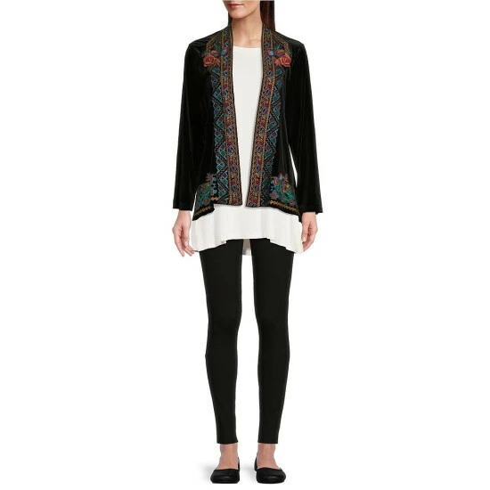 Buy 🔔 Calessa Embroidered Detail Open Front Long Sleeve Kimono Cardigan Black Multi 😉 - Image 3